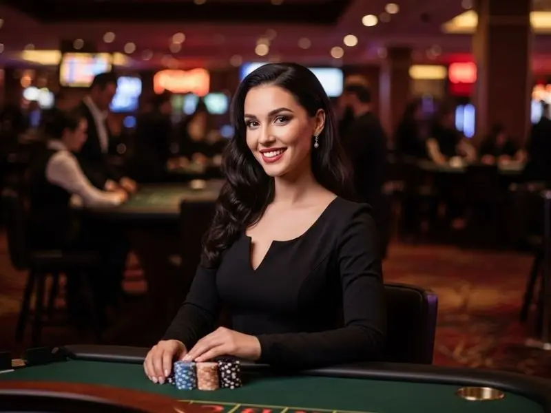 Lady smiling happily while playing roulette at a casino, enjoying the sw888 online casino experience