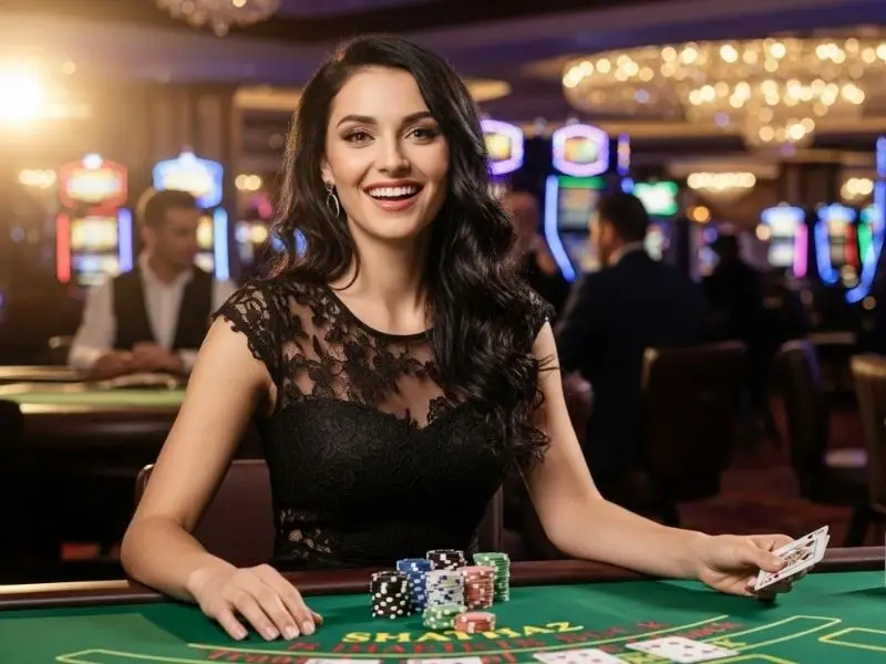 Woman happily playing poker at a table inside sw888 online casino
