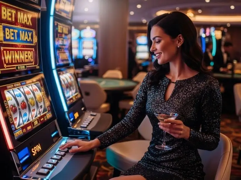 Woman laughing while playing slot machines inside sw888 online casino