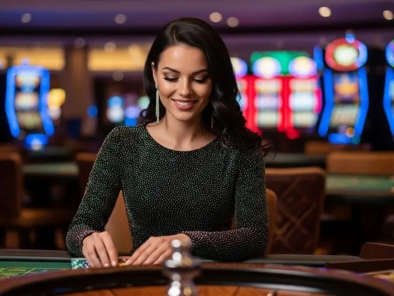 Woman smiling happily with roulette wheel inside sw888 online casino