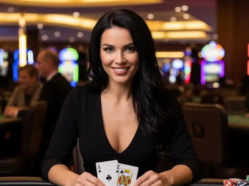 Happy woman flexing a poker flush at vvjl online casino inside a vibrant casino setting