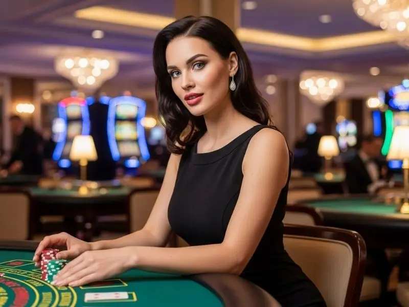Woman holding poker chips at a table inside a casino, playing at vvjl online casino