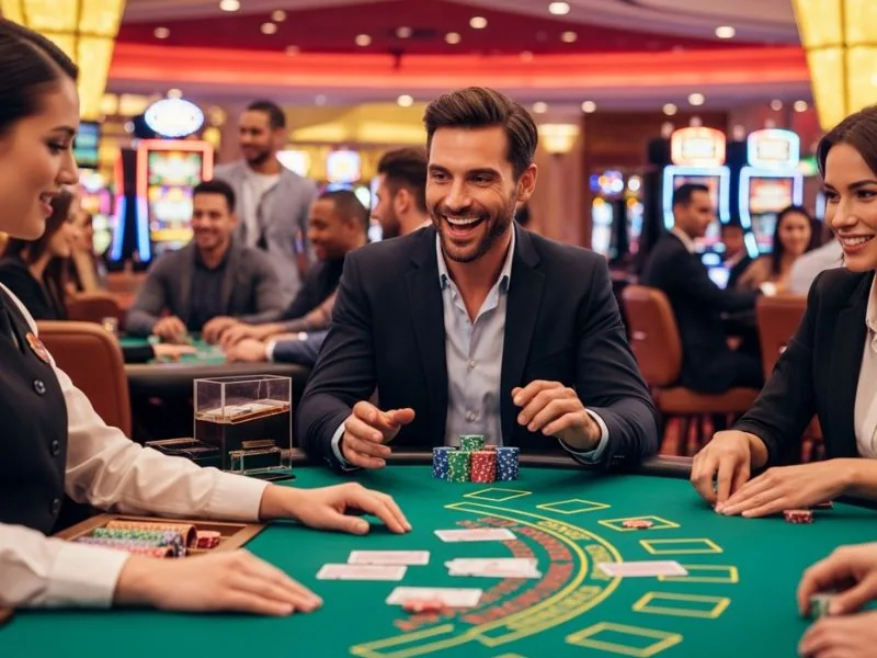 Confident player collecting chips from the dealer at 711 bet online casino