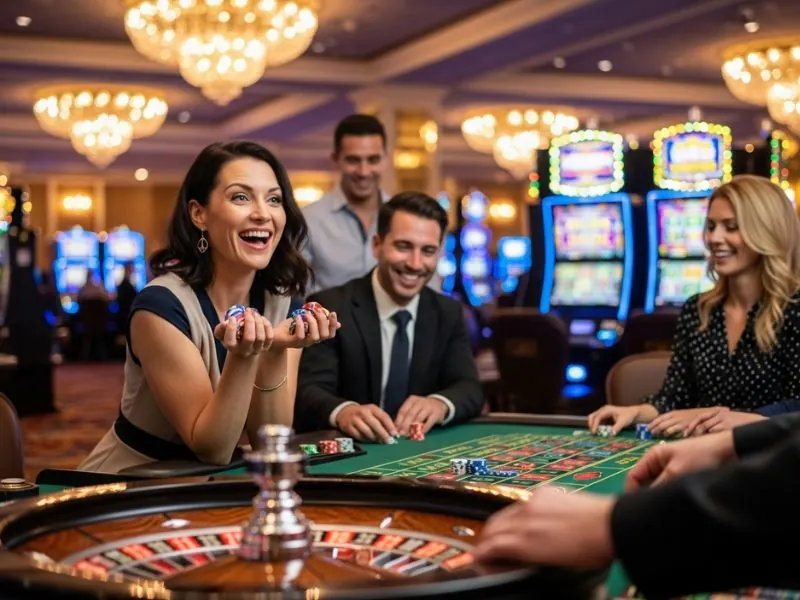 This image shows a woman at 711 bet online casino holding a stack of casino chips, highlighting her success and enjoyment while playing, and capturing the thrill of online casino gaming.