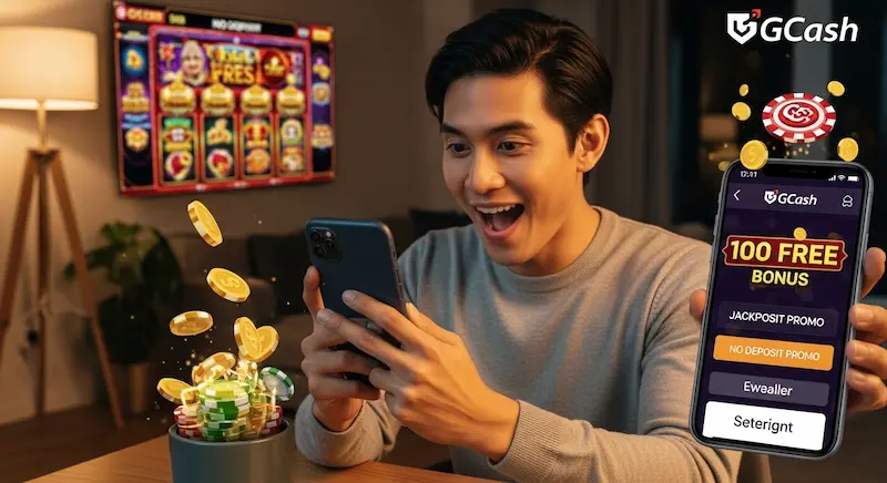 Filipino adult using smartphone with ₱100 free bonus notification for 100 free bonus casino no deposit gcash 2024 visible on online slots screen.