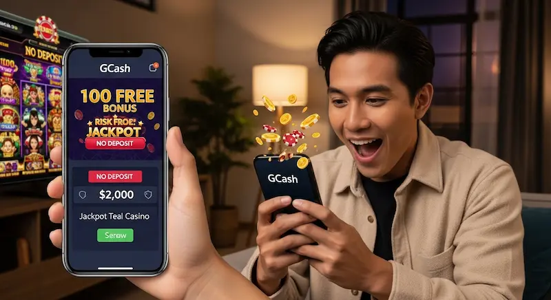 Filipino adult smiling at smartphone showing no deposit banner for 100 free bonus casino no deposit gcash 2024 in modern home setting.