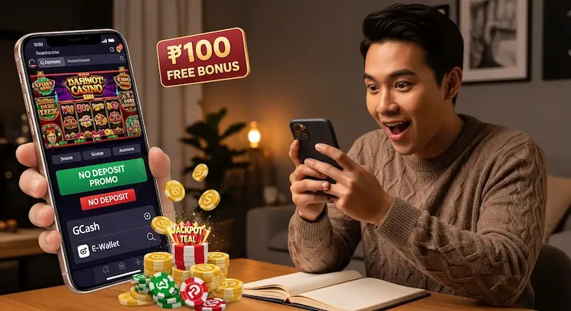 Filipino adult playing mobile slots with jackpot teaser and 100 free bonus casino no deposit gcash 2024 promo banner displayed.
