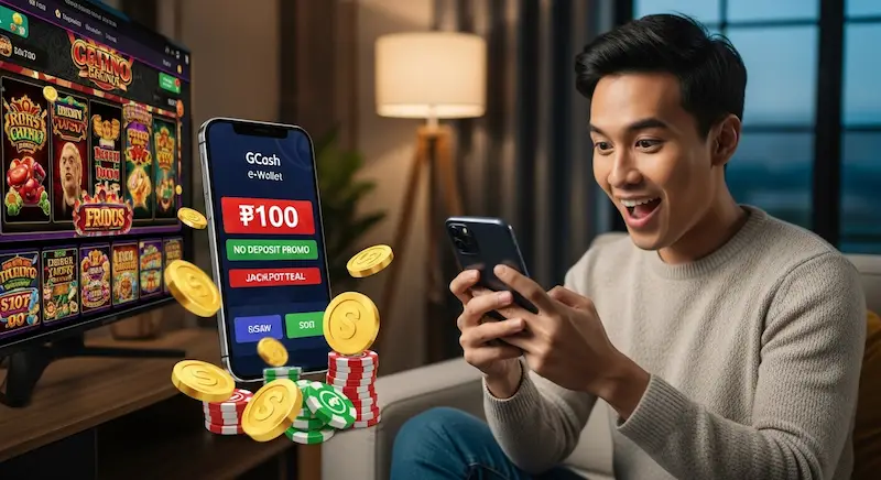 Excited Filipino player accessing 100 free bonus casino no deposit gcash 2024 through GCash e-wallet interface on smartphone.
