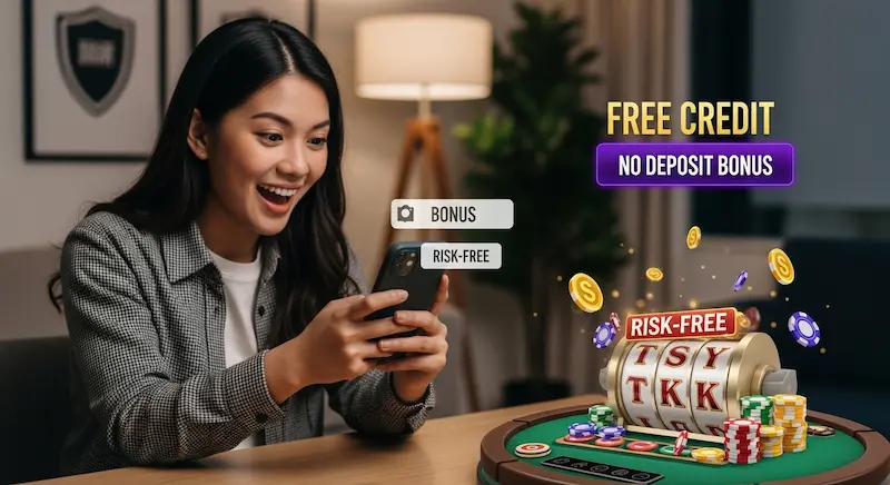 Filipino adult playing online casino on smartphone with free credit casino no deposit bonus banner and spinning slot reels visible.