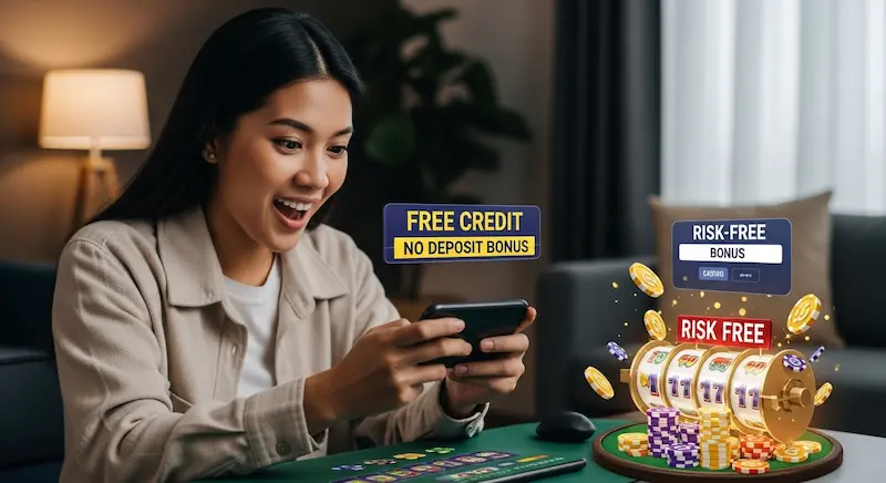 Excited Filipino casino player using smartphone with free credit casino no deposit bonus promo and animated coins on screen.