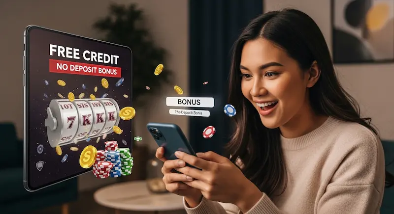 Focused Filipino player viewing free credit casino no deposit bonus notification on smartphone in modern home setting.
