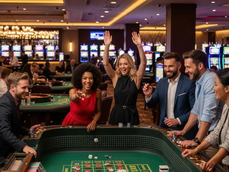 Woman confidently going all in at a poker table in online casino games real money no deposit