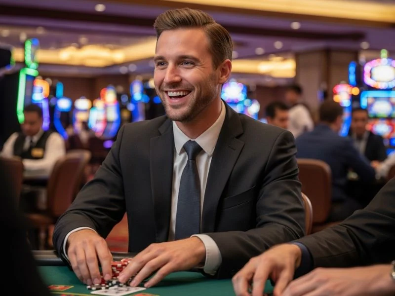 Man smiling while holding playing cards at PH365 online casino
