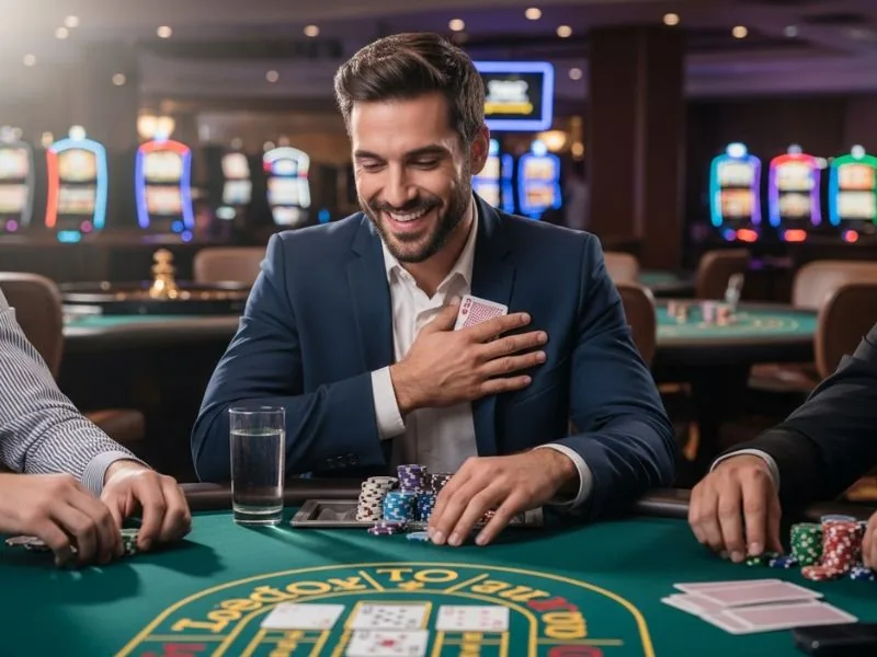 Man smiling while holding playing cards at PH365 online casino