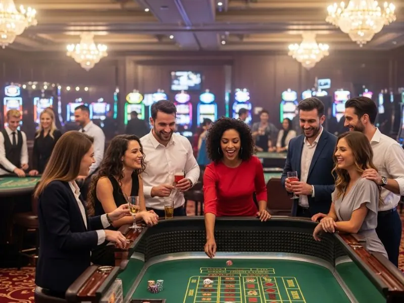 Group of friends gathered around a blackjack table at PHLBoss online casino