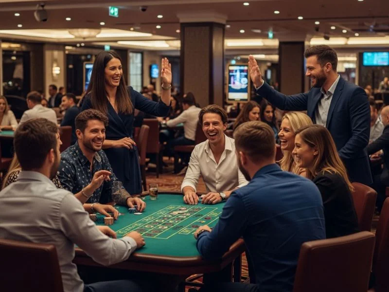 Man high-fiving friends after winning at blackjack in PHLBoss online casino