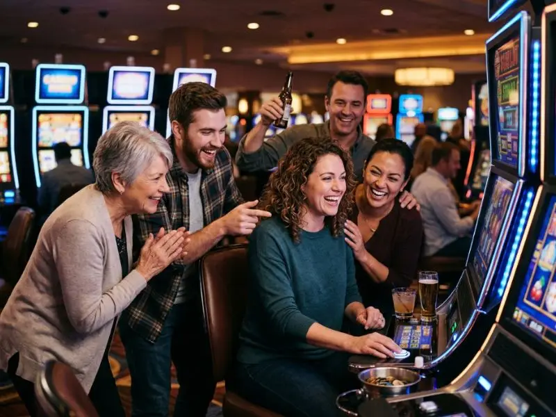 Player smiling as winning symbols flash on JL99 Casino slot machine