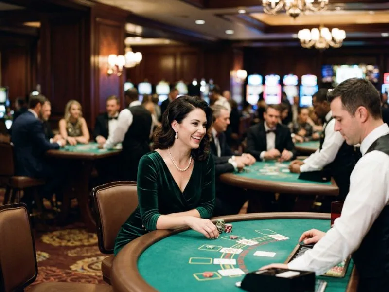 Fashionable woman celebrating a winning moment inside an upscale casino at 7JL Online Casino.