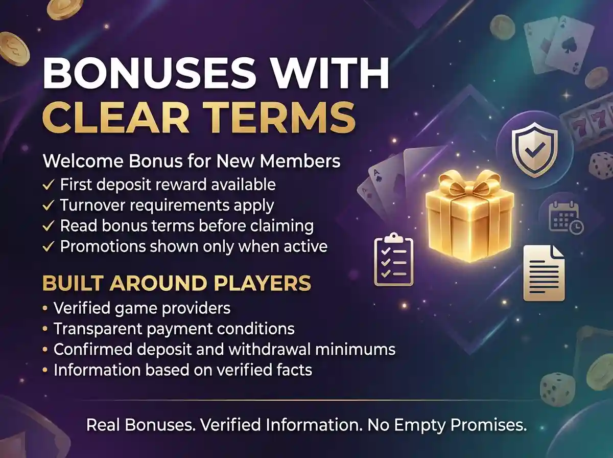 Premium gaming banner with a deep purple and indigo gradient background, featuring the headline "Bonuses With Clear Terms," bonus transparency details, trust-related icons, and subtle casino-themed decorations.