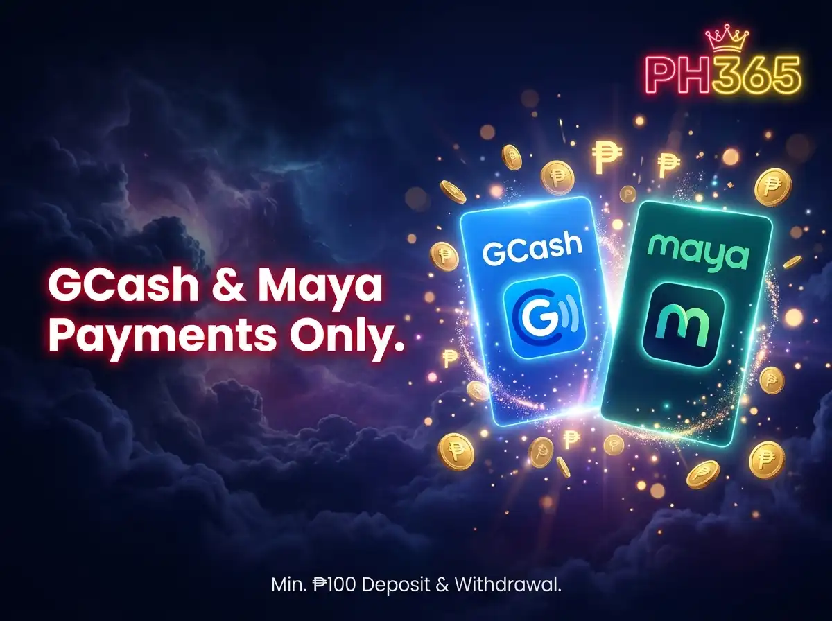 PH365 payment methods banner featuring GCash and Maya digital wallet logos surrounded by floating coins, with text indicating GCash and Maya payments only and a minimum ₱100 deposit and withdrawal requirement.