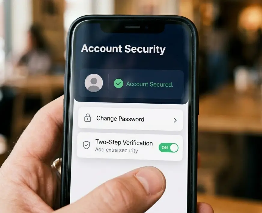 Hand holding smartphone displaying account security settings with password and two-step verification toggle