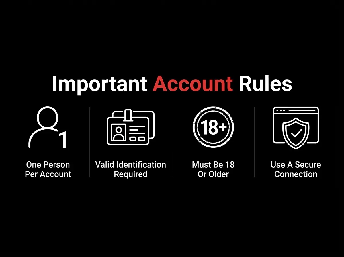PH365 important account rules infographic showing four icons: one account per player, name must match GCash or Maya, 18+ age requirement, and official website access only