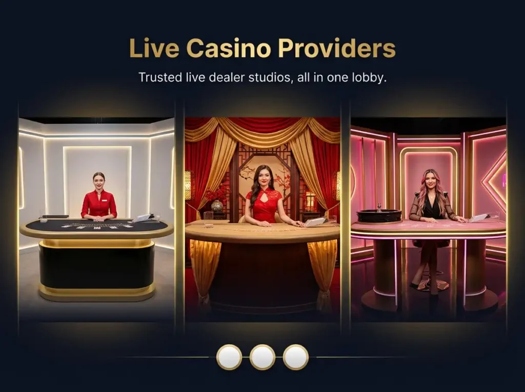 Banner showcasing live casino providers with professional live dealers at multiple gaming tables in a premium online casino lobby.