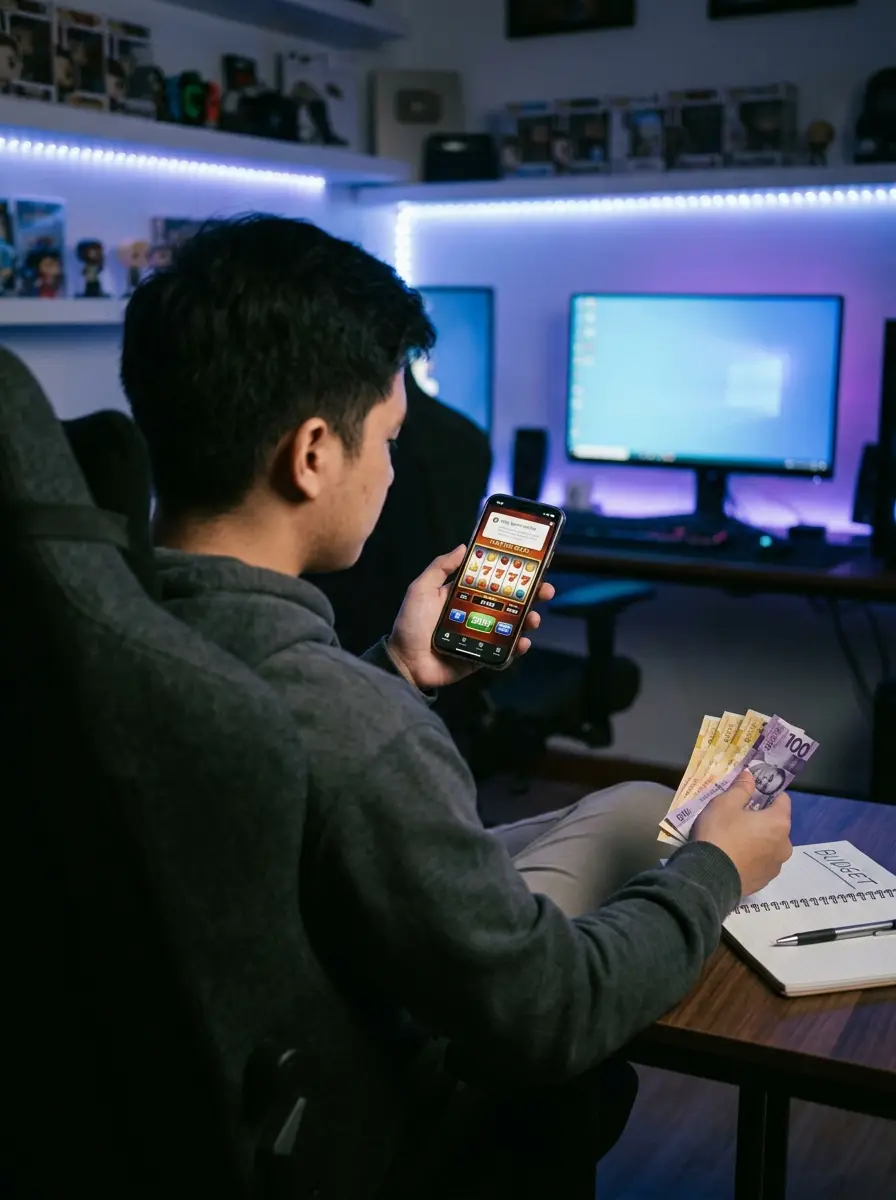 Person using a smartphone to play an online slot game while holding Philippine peso bills in a modern gaming setup, illustrating the convenience of mobile casino gaming.