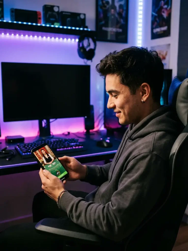 Person seated in a gaming room using a smartphone to play a live online casino game, with a dual-monitor desktop setup illuminated by colorful LED lighting.