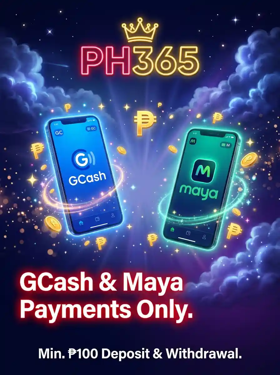PH365 casino promo graphic showing glowing GCash and Maya payment cards surrounded by floating peso coins, with text "GCash & Maya Payments Only" and "Min. ₱100 Deposit & Withdrawal."