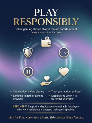 Responsible Gaming awareness poster with shield, wallet, clock, pause, heart, and helping hand icons, encouraging players to set budgets, manage time, and maintain healthy gaming habits.