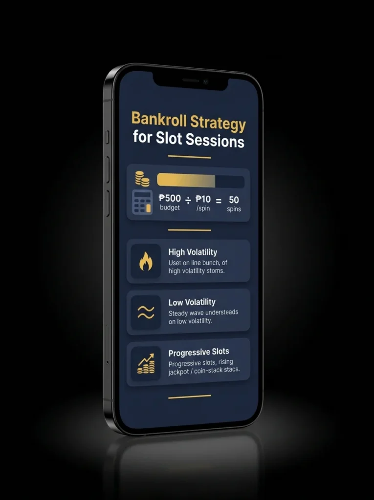 Smartphone displaying a bankroll strategy guide for slot sessions, featuring budget allocation, spin planning, and volatility tips on a dark-themed interface.