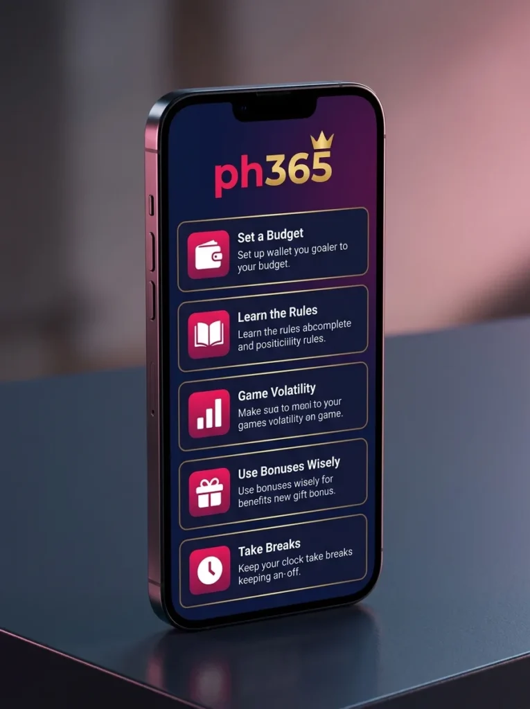 A smartphone displaying the PH365 mobile app tips screen with five gold-bordered cards listing Set a Budget, Learn the Rules, Game Volatility, Use Bonuses Wisely, and Take Breaks, each with a pink icon, set on a dark surface with a soft blurred background.