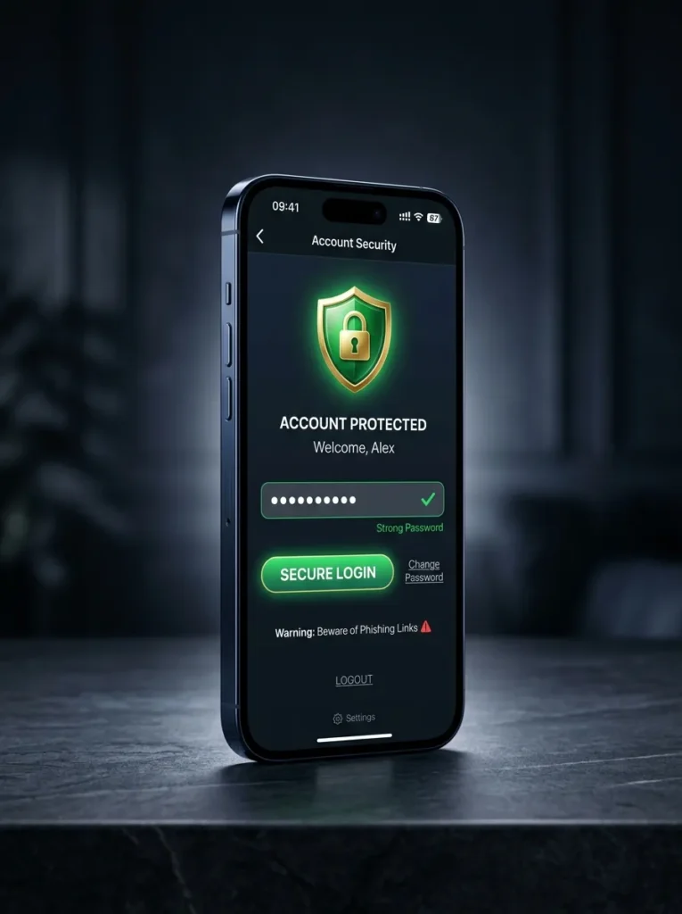 A smartphone displaying an Account Security screen with a glowing green shield and lock icon, "Account Protected" status, a strong password field, Secure Login button, phishing warning, and logout option, set against a dark moody background.