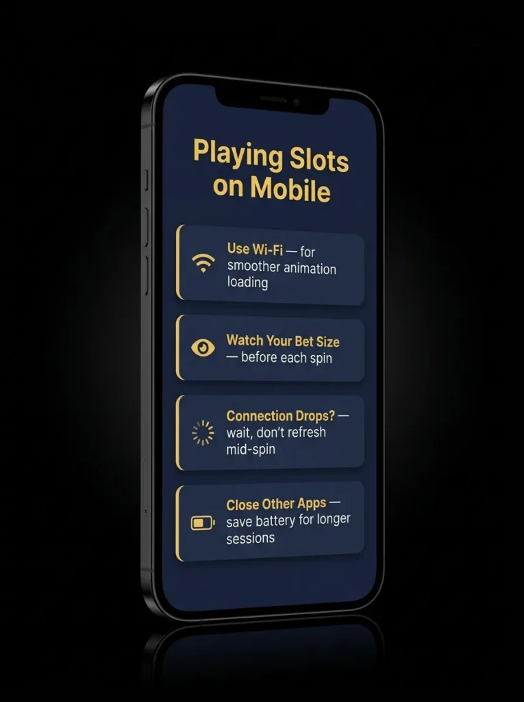Smartphone displaying mobile slot gaming tips, including Wi-Fi usage, bankroll awareness, connection stability, and battery-saving recommendations.