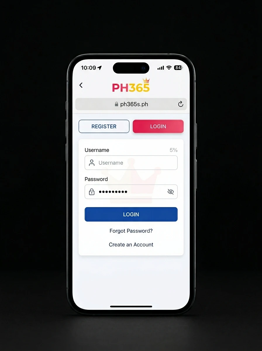 Smartphone showing PH365 login screen with username and password fields on black background