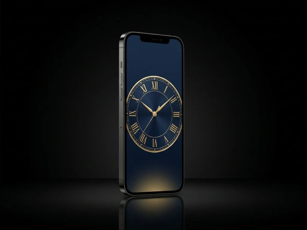Smartphone displaying a classic analog clock with gold Roman numerals on a dark blue screen against a black background.