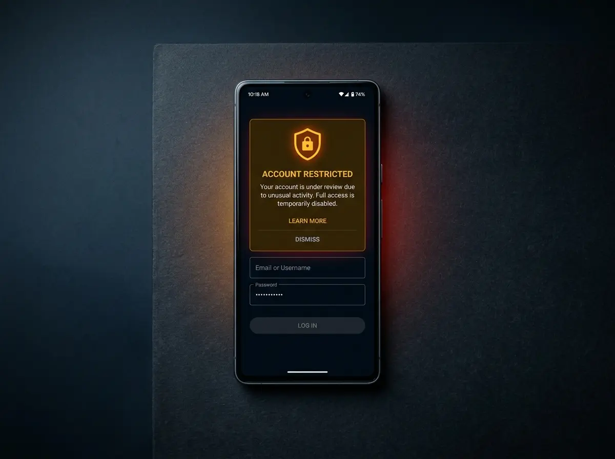 Smartphone screen showing an "Account Restricted" security warning with a lock shield icon, over a login form with email and password fields, on a dark background.