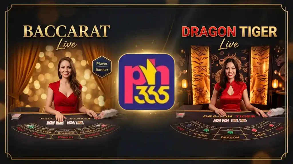 Promotional banner featuring live Baccarat and Dragon Tiger casino games with professional live dealers and the PH365 logo in the center.