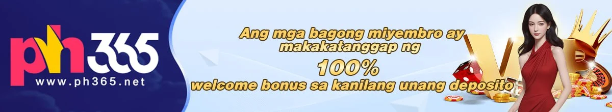 PH365 welcome bonus banner featuring the PH365 logo, a promotional model, casino-themed graphics, and a 100% welcome bonus offer for new members on their first deposit.