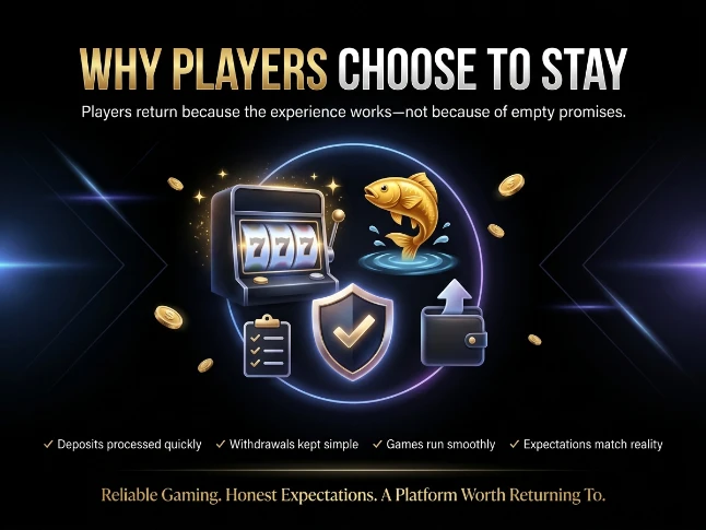 Premium online gaming banner on a black background featuring a slot machine, golden fish, shield with a checkmark, wallet icon, checklist, and gold coins, highlighting reliability and smooth gameplay.