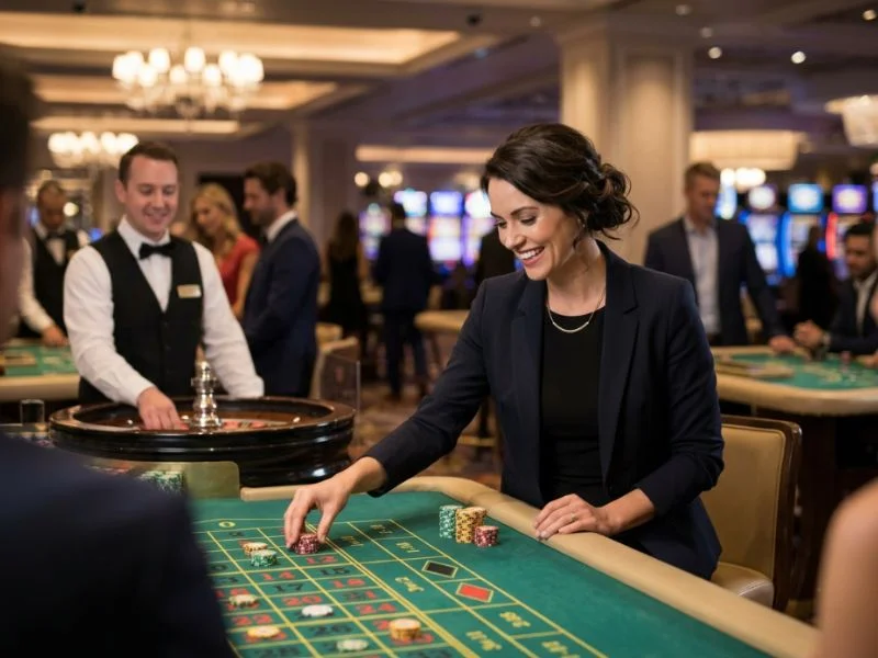 Stylish woman admiring a vibrant casino atmosphere under bright lights at Apex Online Casino.