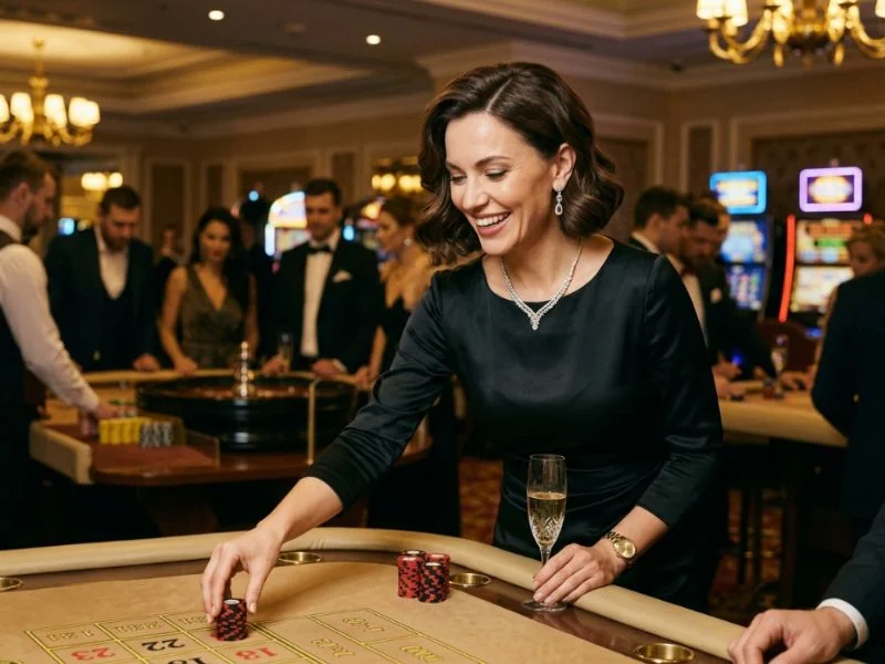 Kings Casino elegant woman enjoying a luxurious casino evening with confidence and grace