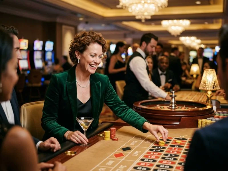 Kings Casino sophisticated lady smiling while playing at a glamorous casino table