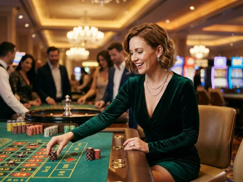 Kings Casino stylish woman admiring vibrant casino atmosphere under bright lights