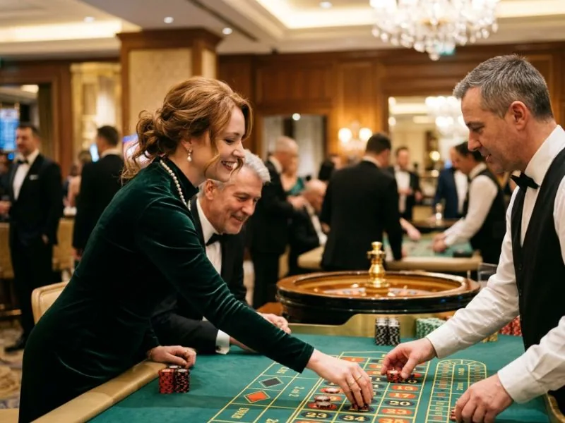 lucky cola.com casino fashionable lady celebrating a winning moment inside an upscale casino