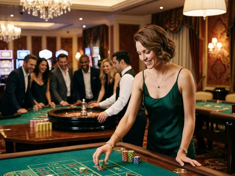 lucky cola.com casino refined woman surrounded by energy and glamour of the casino floor