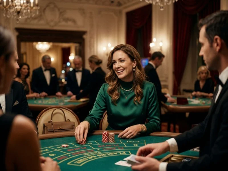 Charming woman immersed in the excitement of a high-end casino night at LuckyStar Online Casino.