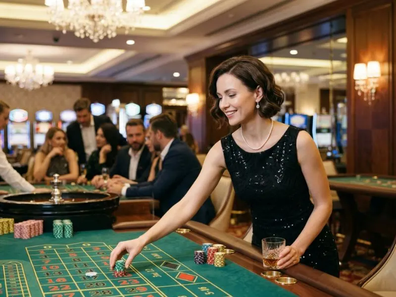 Classy woman playing casino games with style at LuckyStar Online Casino.