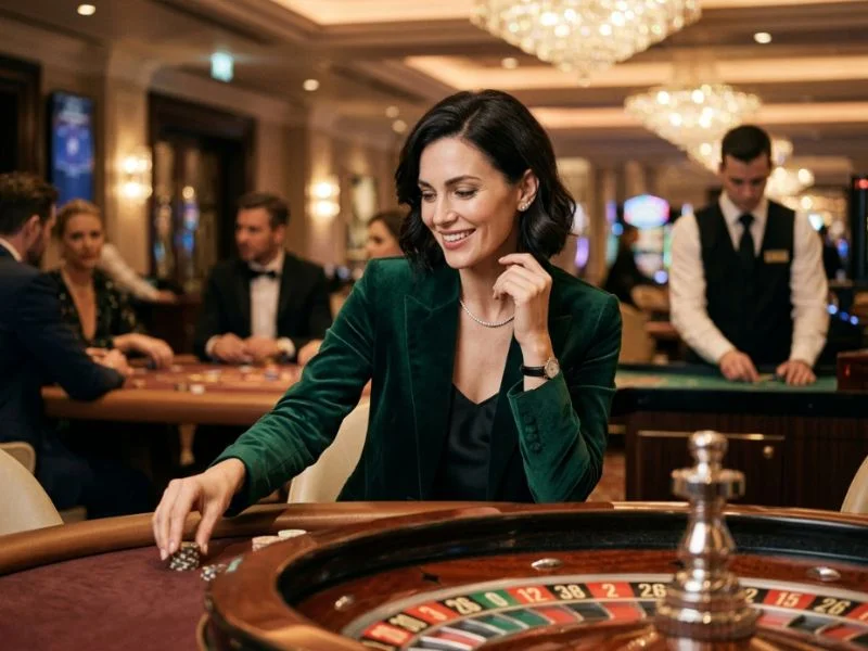 Stylish woman experiencing the glamour of an exclusive casino at LuckyStar Online Casino.